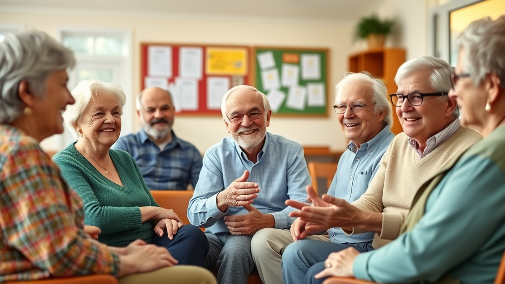 post-retirement jobs inspiring group of retirees smiling and discussing job ideas in community center