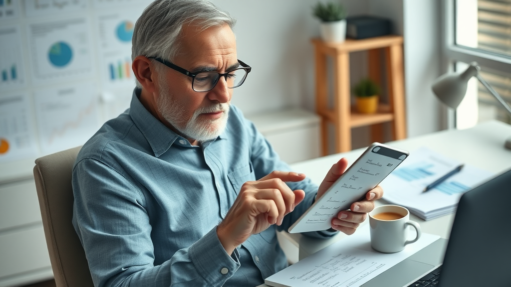 retiree analyzing downsizing checklist on tablet, financial impact of downsizing, modern home office with spreadsheets and charts