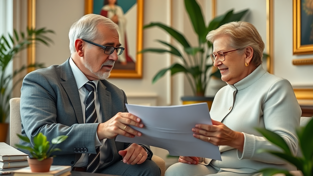 senior financial advisor discussing passive income after retirement and portfolio with retiree couple in elegant office