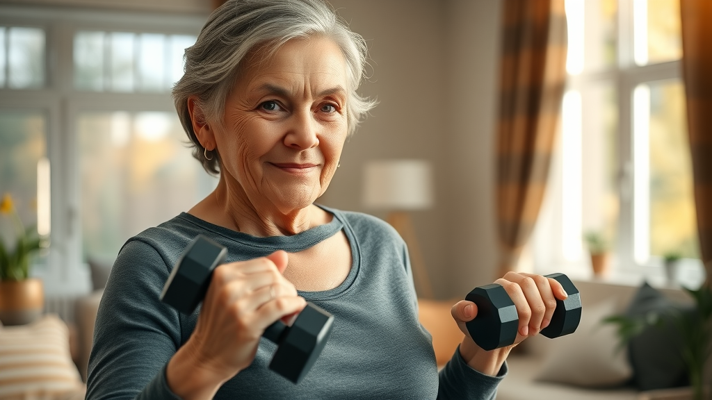 older adult woman using active aging strategies by doing light resistance exercise at home in a sunlit living room, exhibiting motivation and proper form