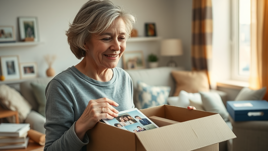 middle-aged woman experiencing the emotional impact of downsizing by packing family photographs in a sunlit living room