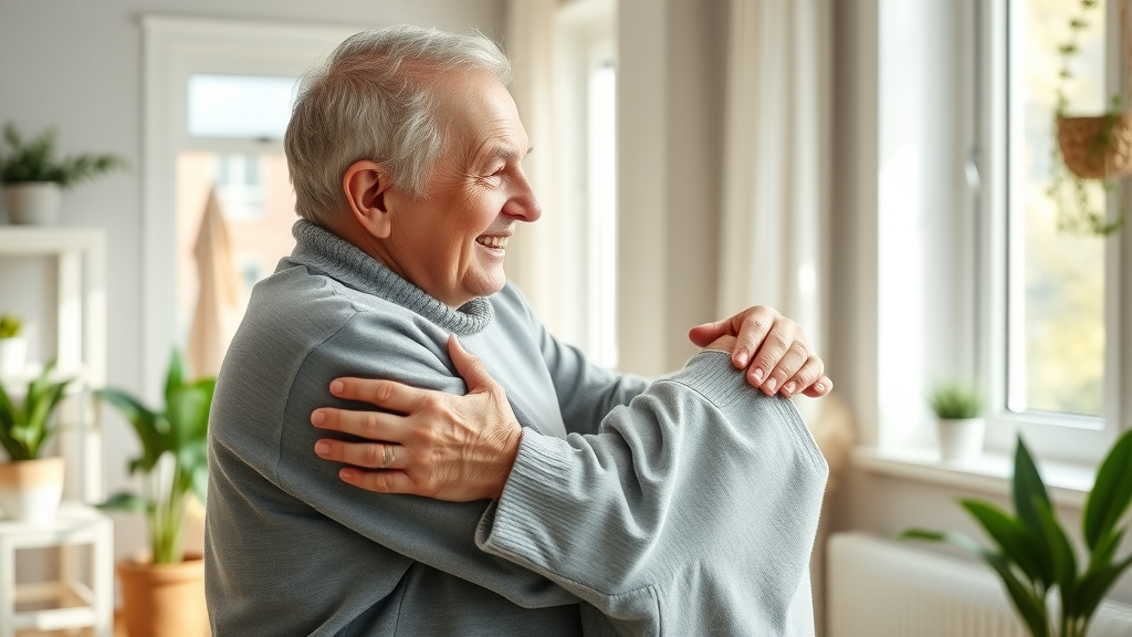 adult daughter supporting her elderly parent through the emotional aspects of downsizing in a bright, newly organized home