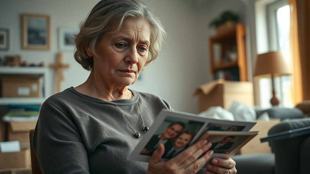 downsizing for retirement mature woman sorting belongings for donation family photographs