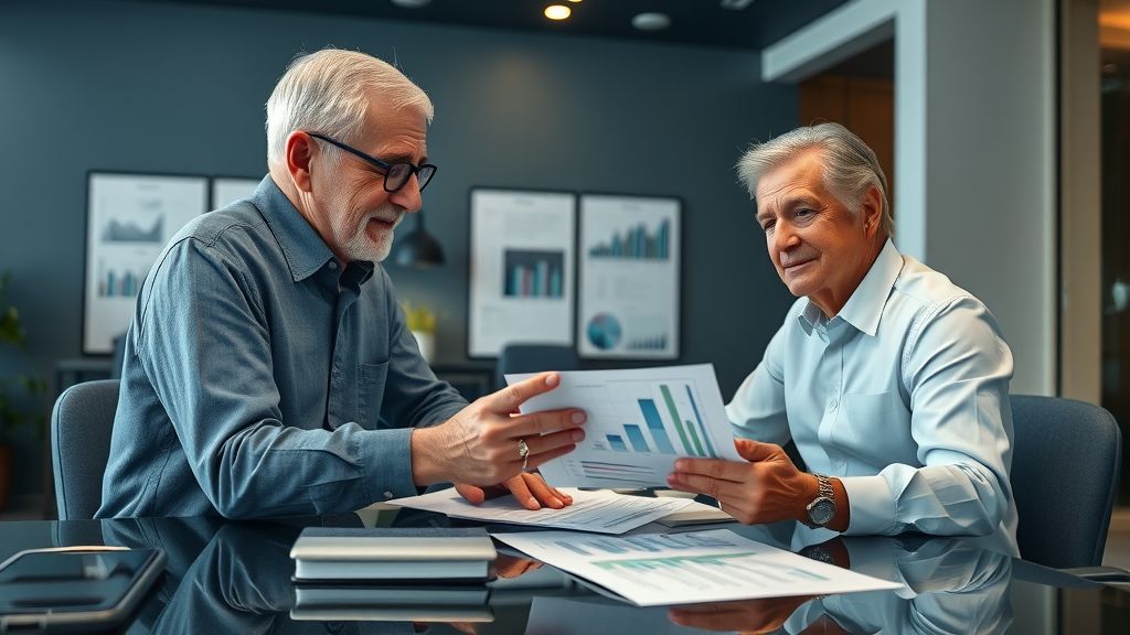 Senior financial planner and retiree developing a diverse income opportunity strategy with charts and portfolios
