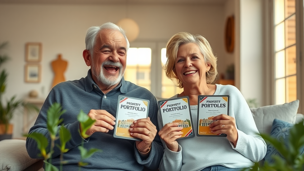 Successful retired couple celebrating property portfolio achievements and rental income in retirement
