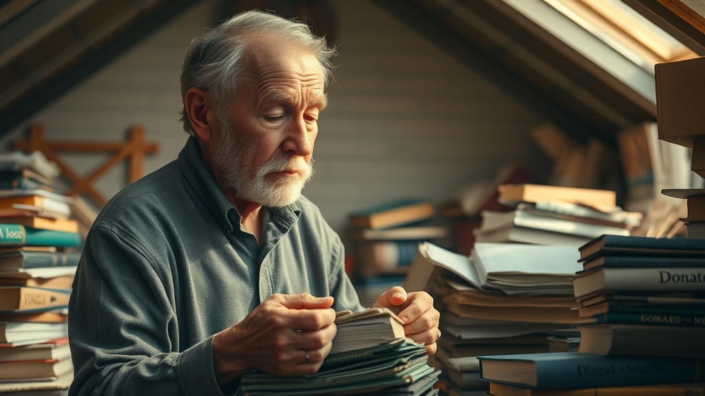 thoughtful senior man facing the emotional aspect of downsizing as he sorts old books and memorabilia in a sunlit attic