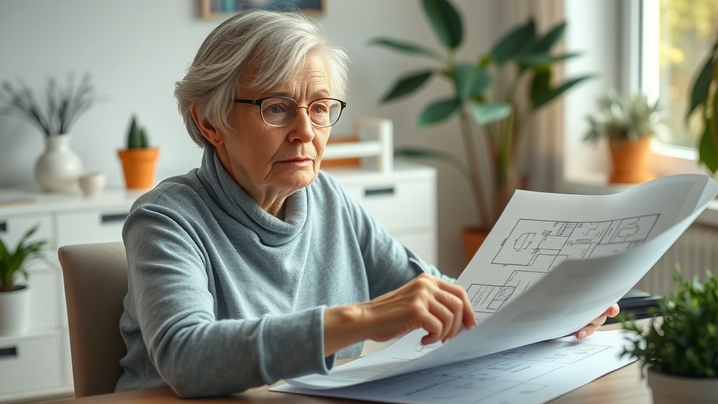 downsizing home serene elderly woman reviewing floor plan current home vs smaller home