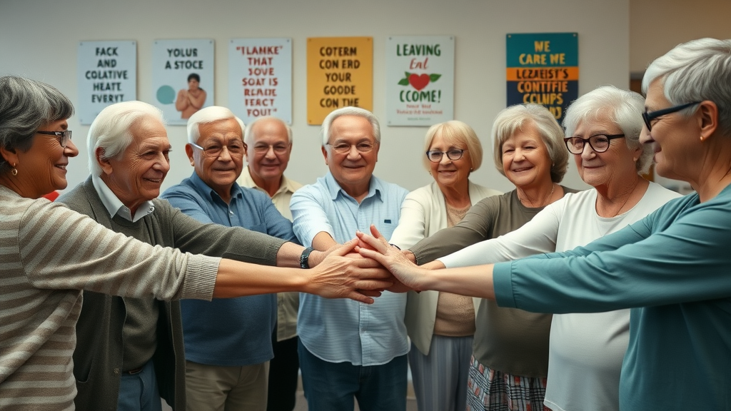 diverse group of older adults demonstrating unity and the four pillars of active aging strategies by standing in a circle and linking hands in a community center