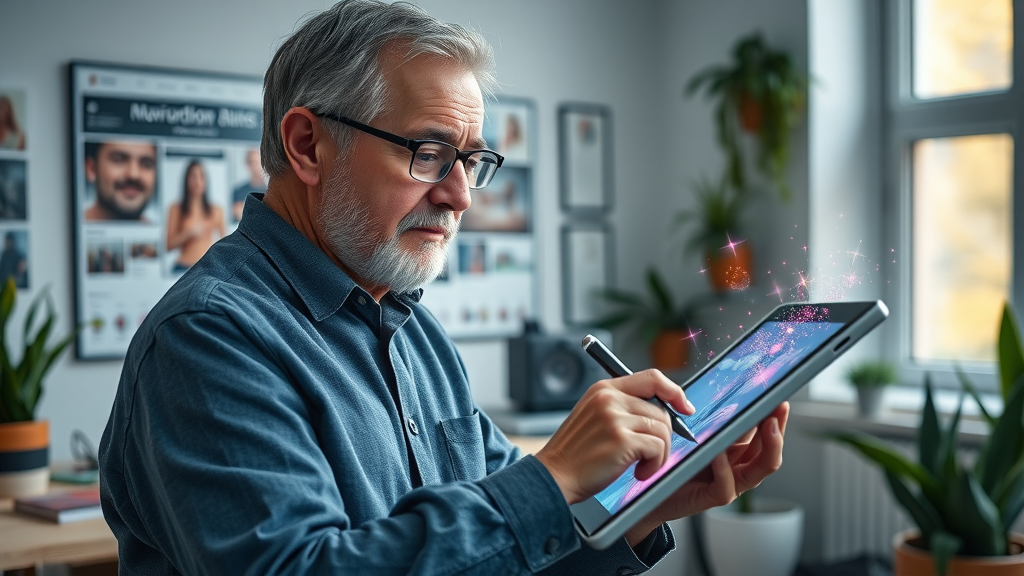 older adult creating digital art and capturing passive income after retirement, surrounded by music and photos in modern studio