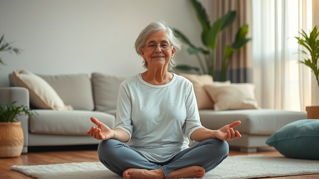 Happy older woman meditating, content and peaceful, emotionally coping with retirement, mental health in retirement