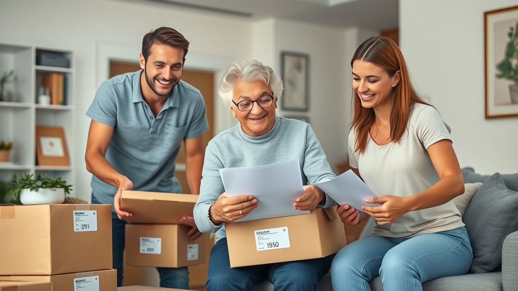 organized professional moving team helping senior pack for downsizing, moving day preparation in a tidy living room, labeled boxes, pleasant atmosphere