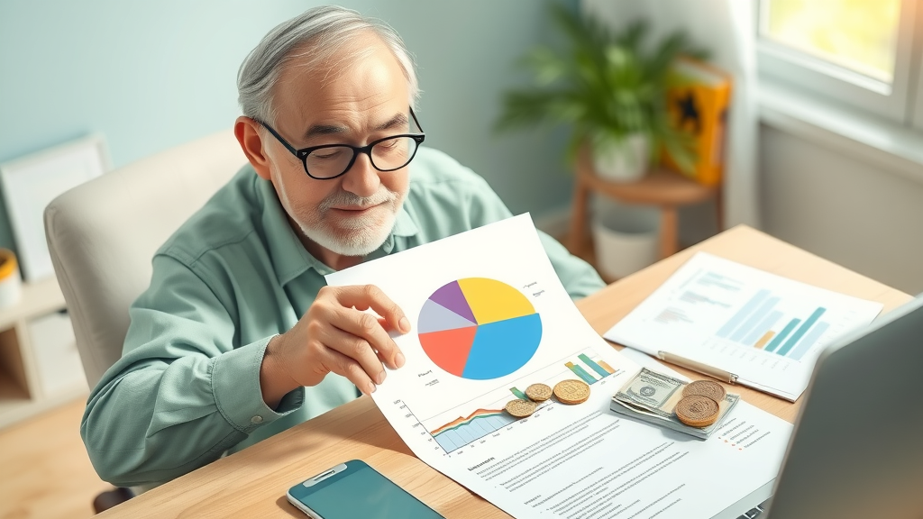 Systematic retiree uses asset allocation charts to balance and diversify retirement income sources for security.