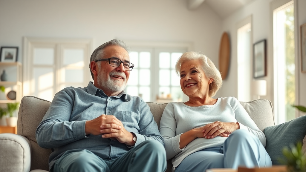 downsizing home retired couple small simple living room comfort minimalism senior living community