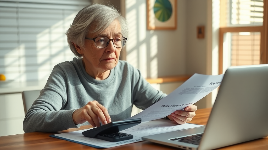 elderly woman reviewing financial documents about closing costs and selling your home for downsizing vs. relocating in retirement, kitchen table daylight