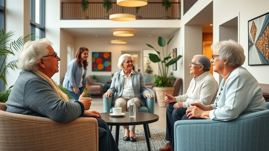 senior living community inviting lobby older adults evaluating living options moving to smaller home