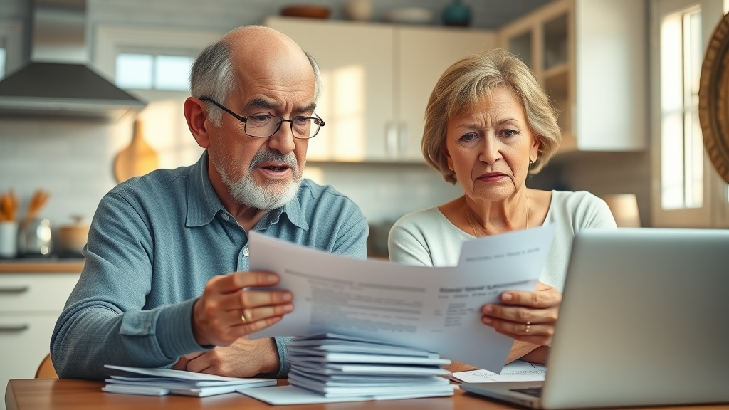 Thoughtful elderly couple, reviewing financial documents, early retirement mental health