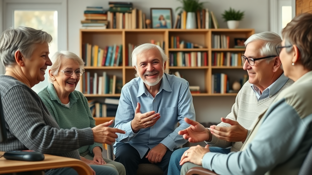 Retired individuals discussing part-time opportunities in a cozy home office with computers and bookshelves