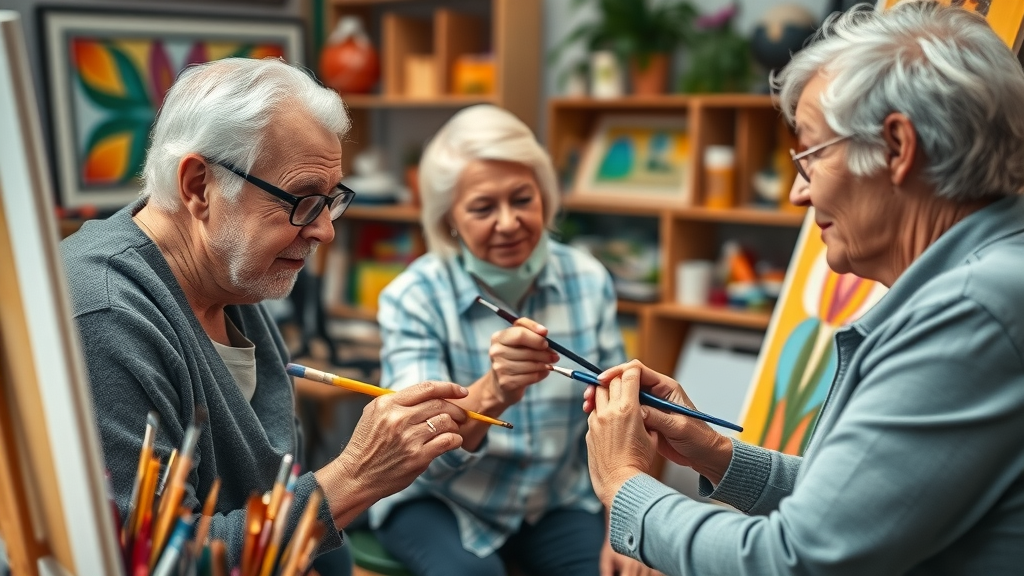 Older adults participating in a painting class, fostering mental health and creativity as part of retirement wellness tips