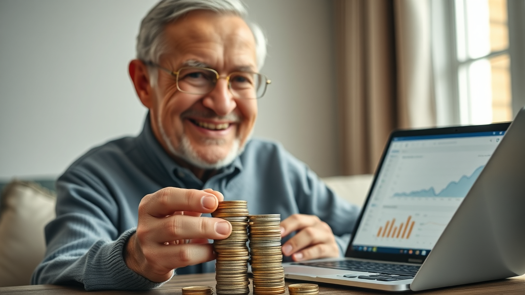 Elderly individual visualizing and stacking coins for the $1,000 a month retirement savings goal