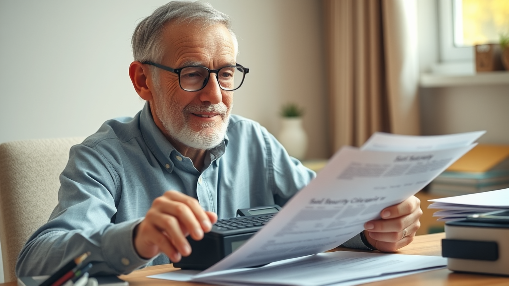 Confident senior man reviewing Social Security benefits and income opportunities after retirement at his desk