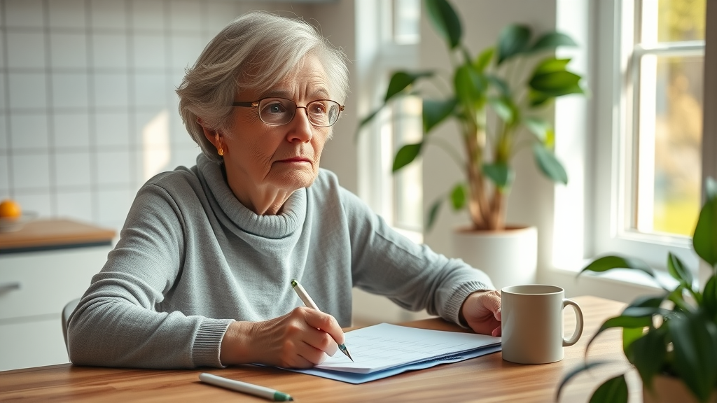 thoughtful senior woman setting downsizing plan with family, senior downsizing, organizing paperwork, natural morning light, planning for the future