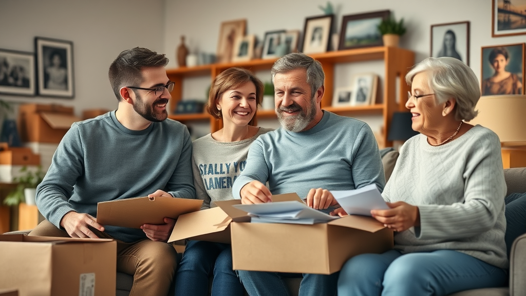 family members and grandparents emotionally supporting each other while packing for downsizing vs. relocating in retirement