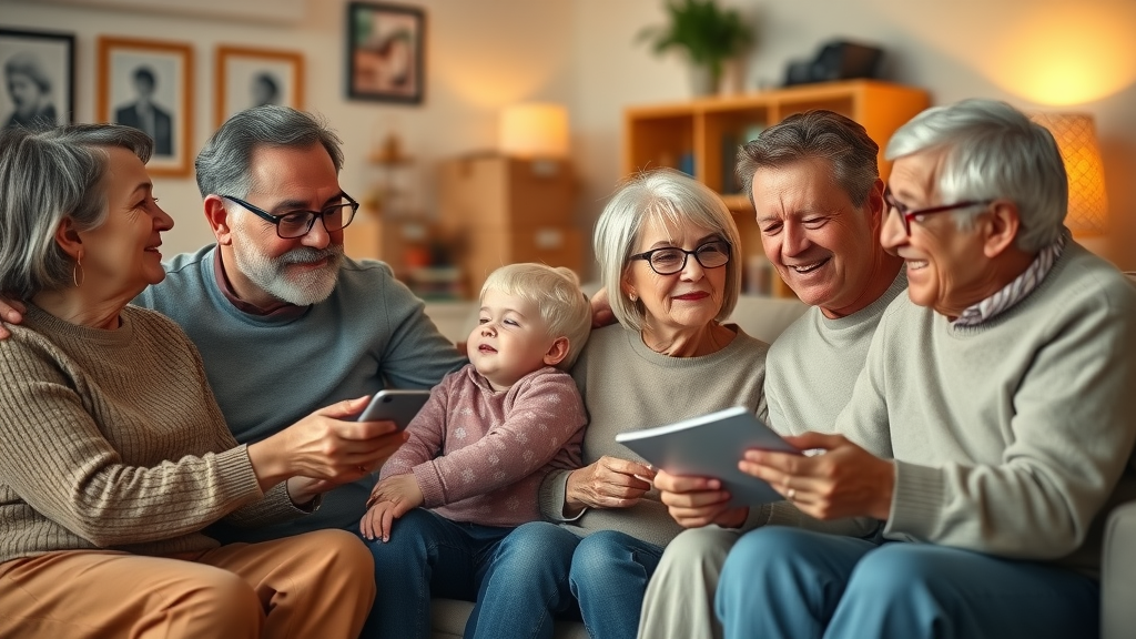 multigenerational family warmly reminiscing in a home while preparing to downsize for retirement