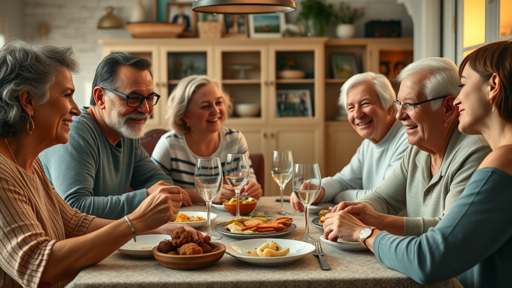 Diverse family sharing meal, fostering retirement mental health, connection, community support, older adults