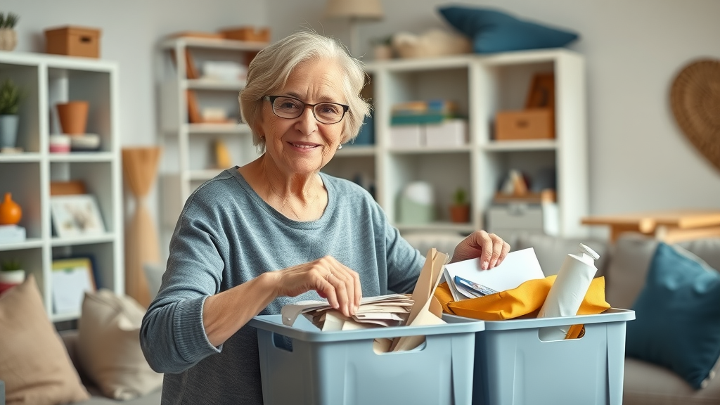 Decluttering tips: senior woman sorting household items into bins to downsize