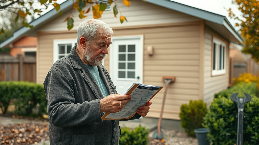 retiree inspecting smaller home for maintenance costs, checklist with handyman in well-tended backyard, financial impact of downsizing
