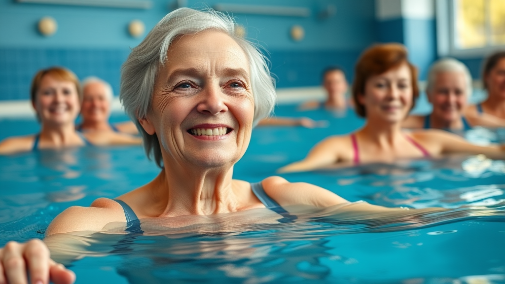 smiling elderly woman performing water aerobics with group – senior fitness routines for limited mobility