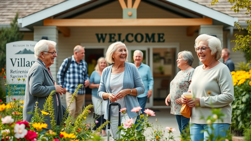 welcoming retirement community entrance, cheerful senior residents, gathering outdoors, lush landscaped gardens, Bay of Plenty retirement villages