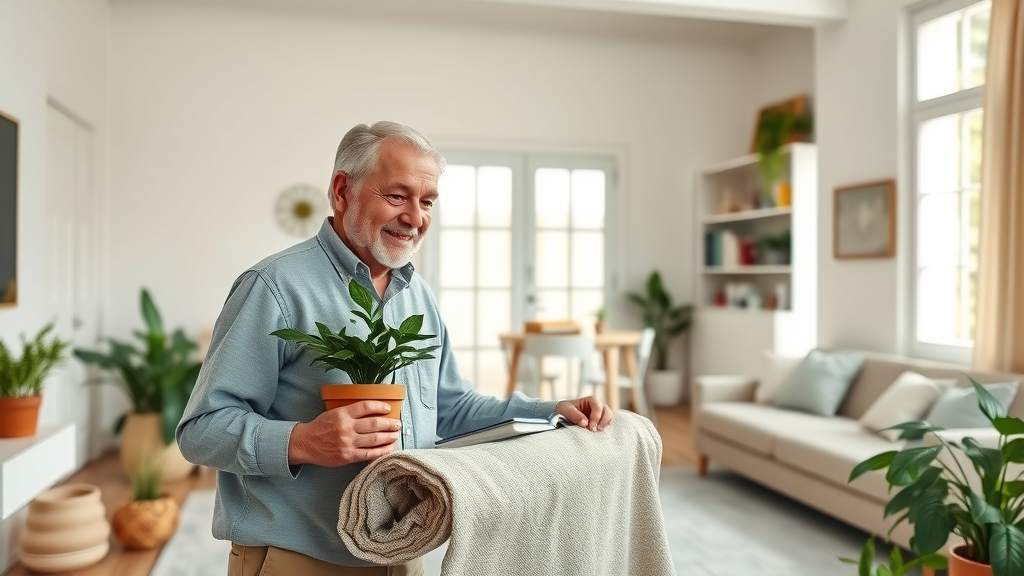 cheerful senior adapting to moving to a smaller home after relocating in retirement, unpacking essentials in a modern minimalist space