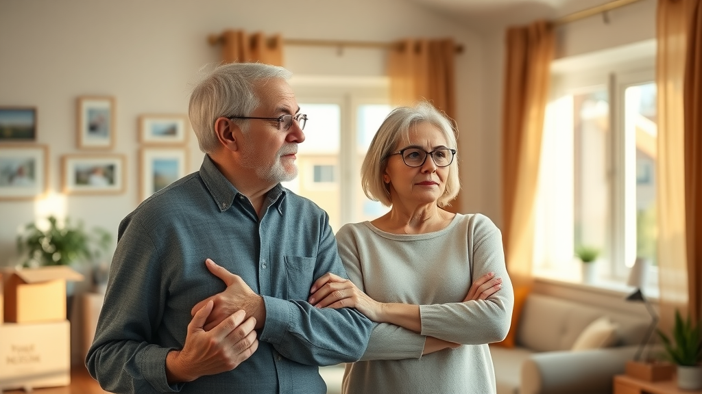 senior couple considering downsizing vs. relocating in retirement in a cozy living room with moving boxes and family photos, suburban morning light