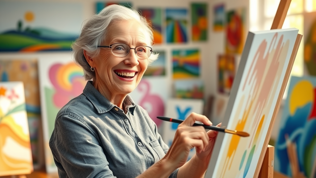 Active joyful elderly woman painting, combating retirement depression, art studio, mental health in retirement