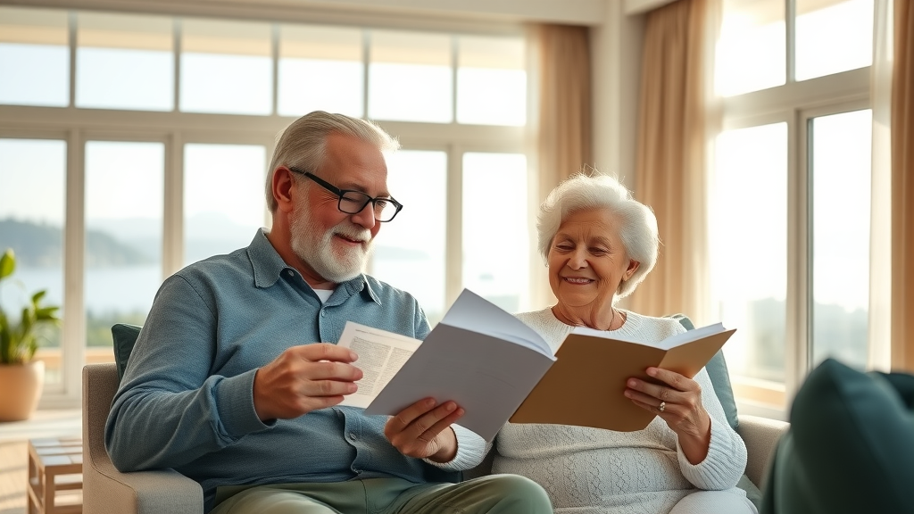 sunlit retirement apartment interior, senior couple content in Bay of Plenty