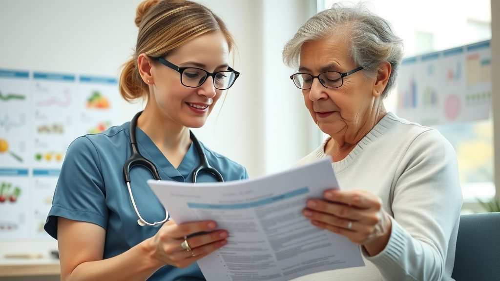 Registered dietitian and older adult working on nutrition plan, guidelines for Americans, nutrition for older adults