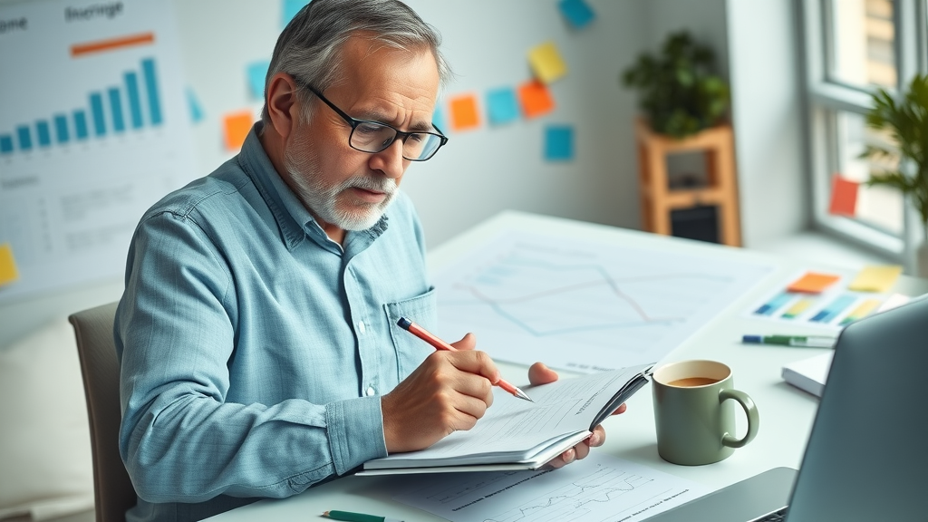 motivated retiree mapping out passive income action plan on notepad, contemporary workspace
