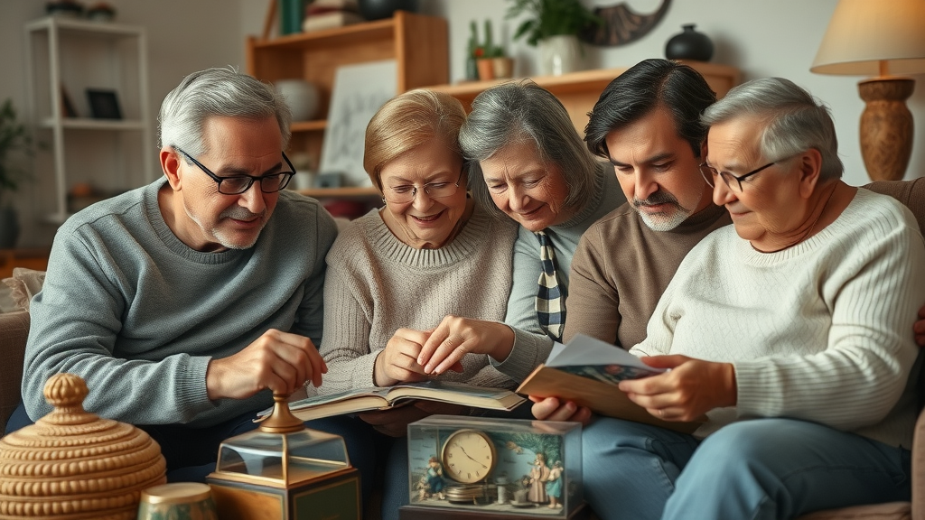 multi-generational family sharing the emotional journey of downsizing as they sift through keepsakes together