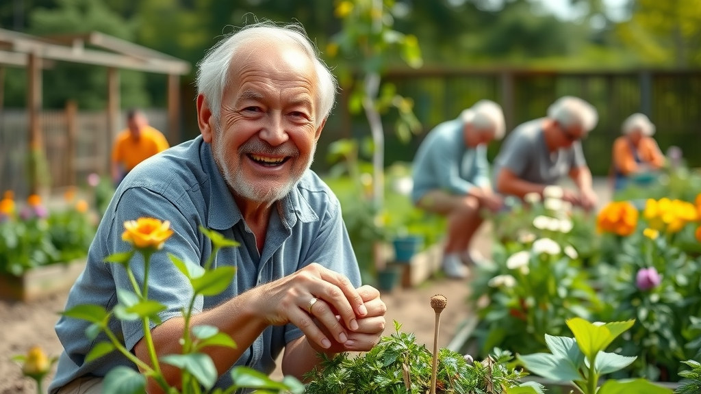 Radiant elderly man, planting flowers, thriving after retirement, community garden, teamwork, mental health in retirement