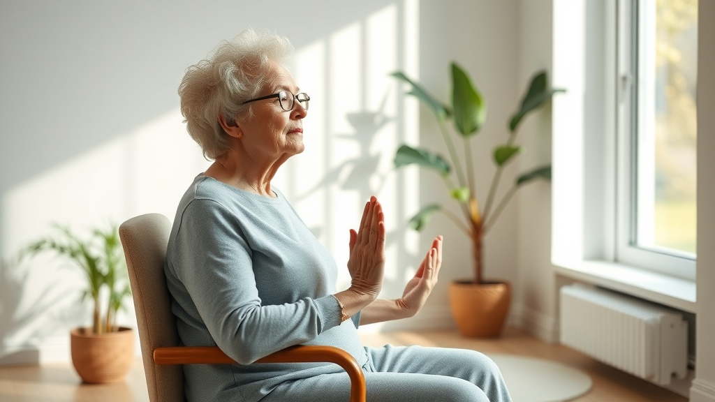 Content elderly woman practicing gentle chair yoga, accessible exercise program, older adults physical activity