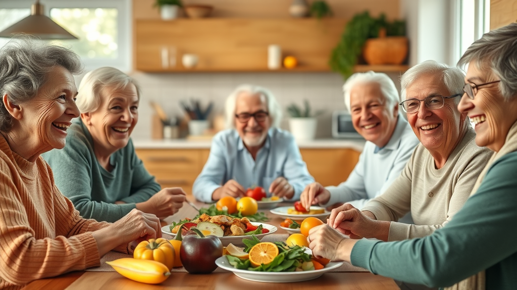 Vibrant group of older adults enjoying a healthy meal together, nutrition for older adults, fresh vegetables and fruits