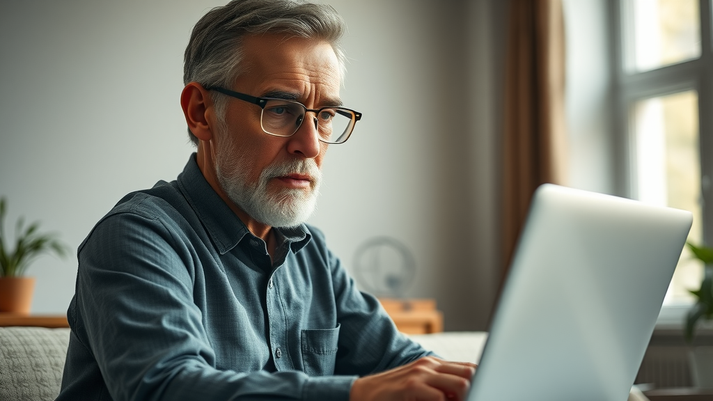 wise mature man researching post-retirement jobs on computer in home office