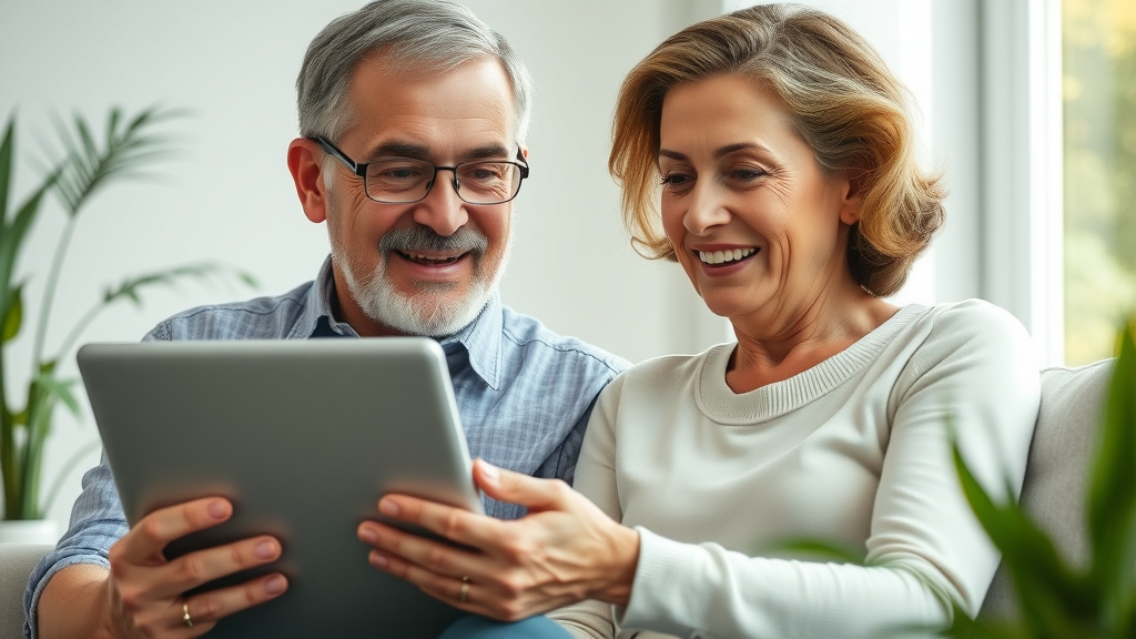 Mature couple using a laptop to access Medicare resources and the retiree health care fund at home.