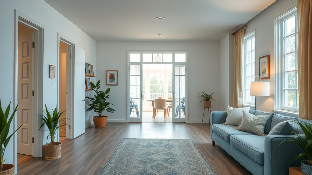 modern accessible senior apartment with open floor plan, wide doorways, supportive handrails, smaller home features for seniors, bright and comfortable living space