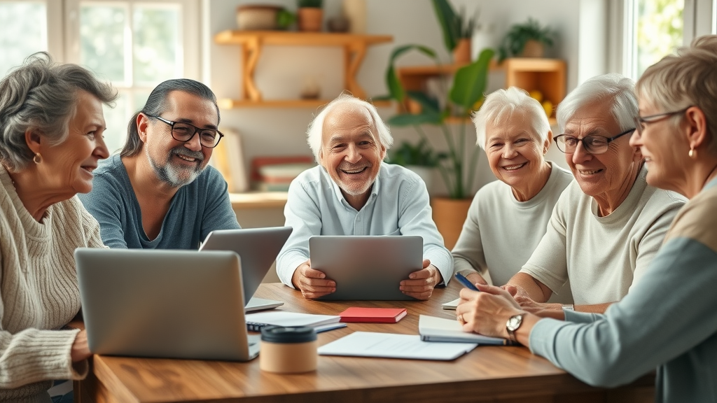 A group of cheerful retirees discussing retirement side hustles and finances at a kitchen table, representing side hustles for retirees
