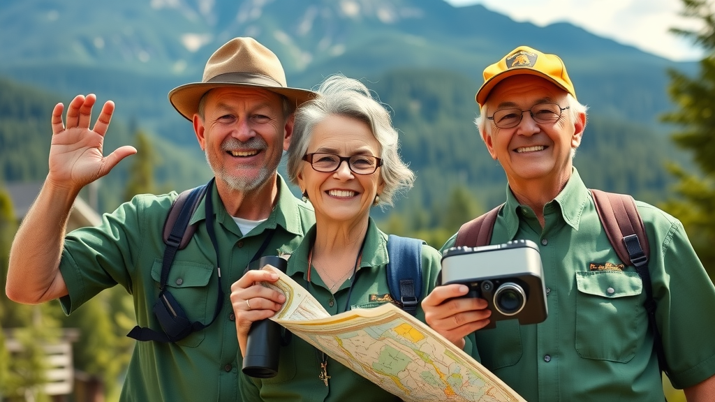 national park active older adults in uniforms working post-retirement jobs